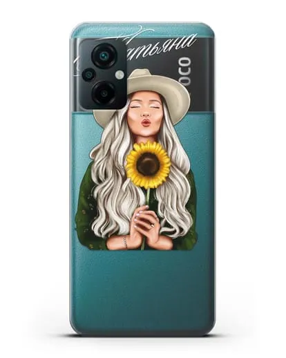 Именной чехол Девушка в шляпке с подсолнухом силиконовый для Xiaomi Poco M5