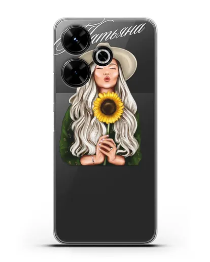 Именной чехол Девушка в шляпке с подсолнухом силиконовый для Xiaomi Poco M6