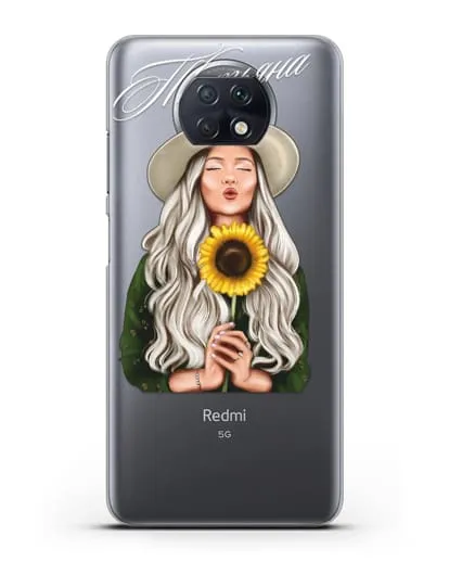 Именной чехол Девушка в шляпке с подсолнухом силиконовый для Xiaomi Redmi Note 9T