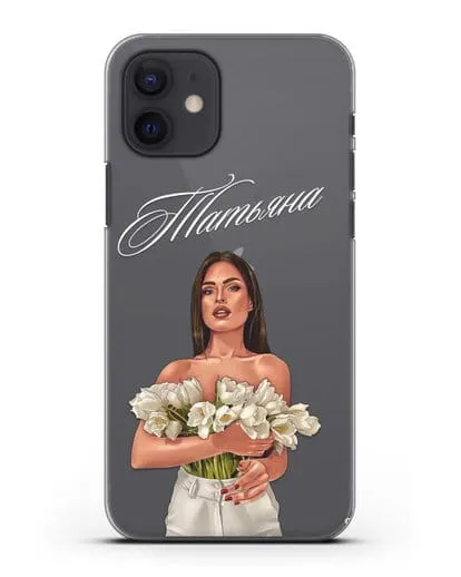 Именной чехол Девушка с тюльпанами силиконовый для iPhone 12