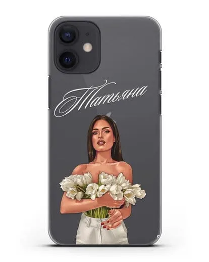 Именной чехол Девушка с тюльпанами силиконовый для iPhone 12 mini