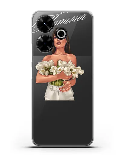 Именной чехол Девушка с тюльпанами силиконовый для Xiaomi Poco M6