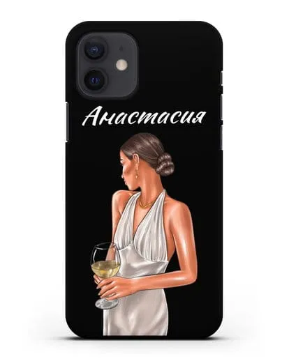 Именной чехол Девушка в вечернем платье с бокалом белого вина силиконовый для iPhone 12