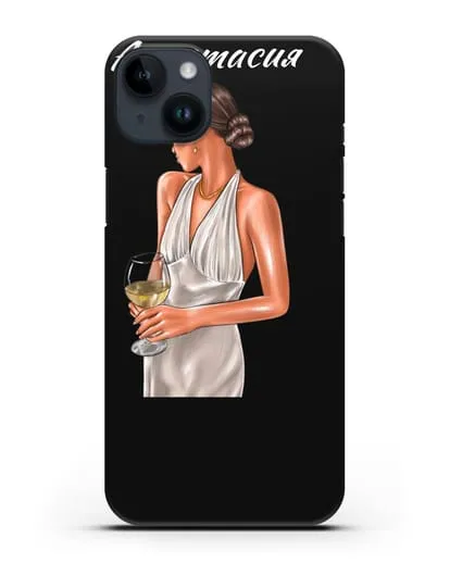 Именной чехол Девушка в вечернем платье с бокалом белого вина силиконовый для iPhone 14 Plus