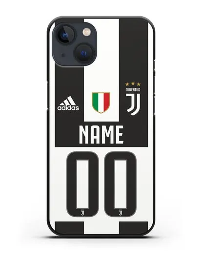 Именной чехол Ювентус с фамилией и номером (сезон 2018-2019) бело-черная форма силиконовый для iPhone 13