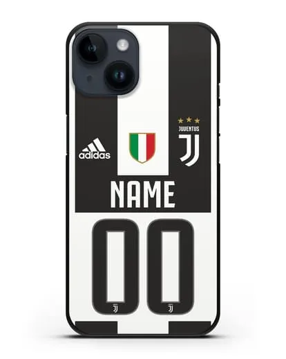 Именной чехол Ювентус с фамилией и номером (сезон 2018-2019) бело-черная форма силиконовый для iPhone 14