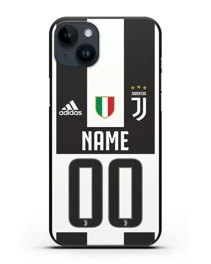 Именной чехол Ювентус с фамилией и номером (сезон 2018-2019) бело-черная форма силиконовый для iPhone 14 Plus