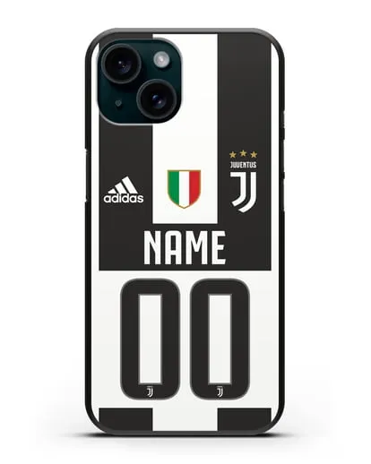 Именной чехол Ювентус с фамилией и номером (сезон 2018-2019) бело-черная форма силиконовый для iPhone 15