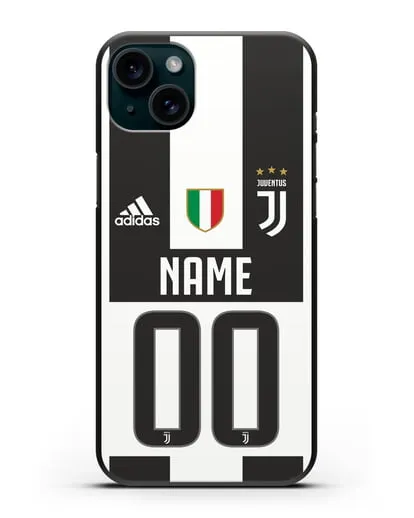Именной чехол Ювентус с фамилией и номером (сезон 2018-2019) бело-черная форма силиконовый для iPhone 15 Plus