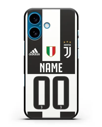 Именной чехол Ювентус с фамилией и номером (сезон 2018-2019) бело-черная форма силиконовый для iPhone 16