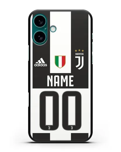 Именной чехол Ювентус с фамилией и номером (сезон 2018-2019) бело-черная форма силиконовый для iPhone 16 Plus