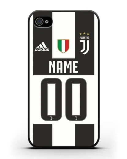 Именной чехол Ювентус с фамилией и номером (сезон 2018-2019) бело-черная форма силиконовый для iPhone 4/4s