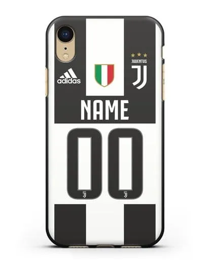 Именной чехол Ювентус с фамилией и номером (сезон 2018-2019) бело-черная форма силиконовый для iPhone XR
