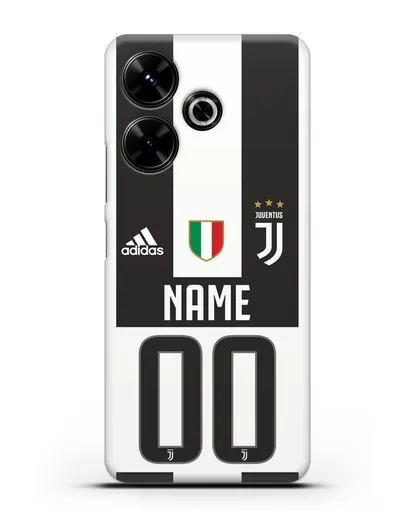 Именной чехол Ювентус с фамилией и номером (сезон 2018-2019) бело-черная форма силиконовый для Xiaomi Poco M6
