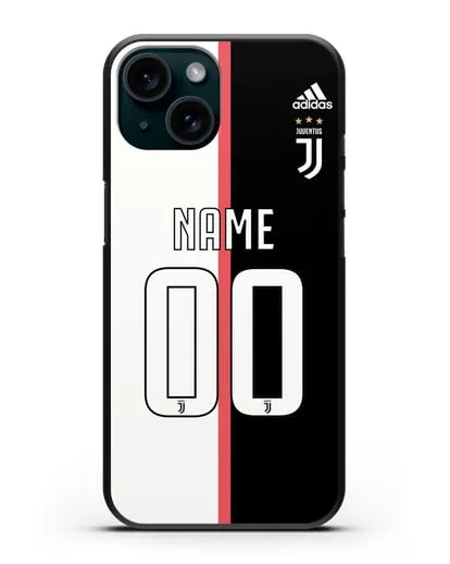 Именной чехол Ювентус с фамилией и номером (сезон 2019-2020) бело-черная форма силиконовый для iPhone 15