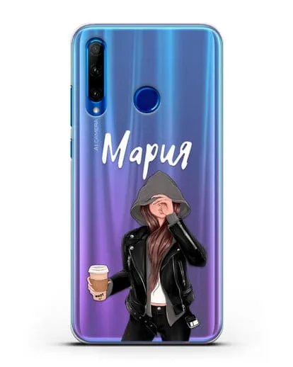 Именной чехол Девушка в худи с кофе силиконовый для Honor 10i
