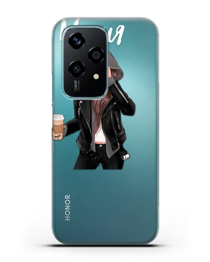 Именной чехол Девушка в худи с кофе силиконовый для Honor 200 Lite