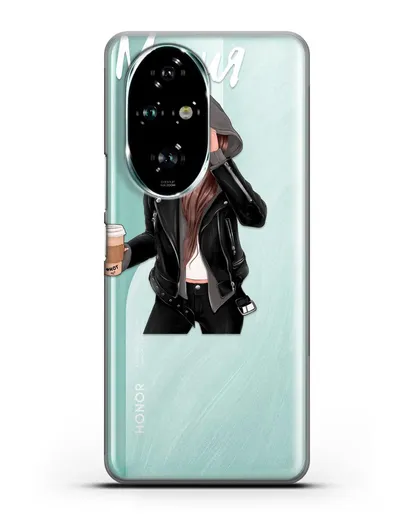 Именной чехол Девушка в худи с кофе силиконовый для Honor 200 Pro