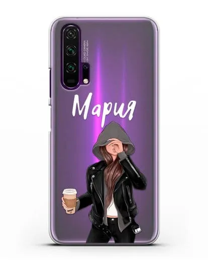 Именной чехол Девушка в худи с кофе силиконовый для Honor 20 Pro