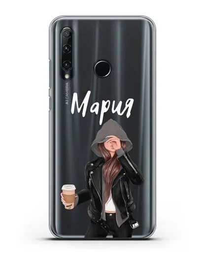 Именной чехол Девушка в худи с кофе силиконовый для Honor 20e