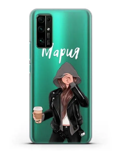 Именной чехол Девушка в худи с кофе силиконовый для Honor 30