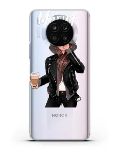 Именной чехол Девушка в худи с кофе силиконовый для Honor 50 lite