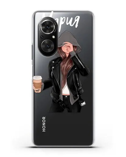 Именной чехол Девушка в худи с кофе силиконовый для Honor 50 SE