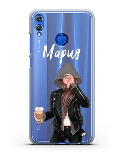 Именной чехол Девушка в худи с кофе силиконовый для Honor 8X
