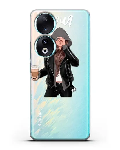 Именной чехол Девушка в худи с кофе силиконовый для Honor 90