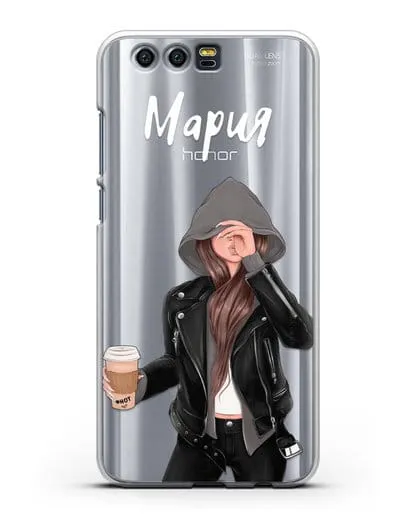 Именной чехол Девушка в худи с кофе силиконовый для Honor 9