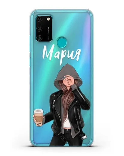 Именной чехол Девушка в худи с кофе силиконовый для Honor 9A