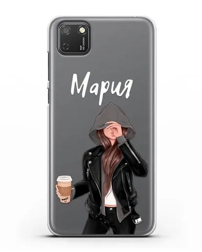 Именной чехол Девушка в худи с кофе силиконовый для Honor 9S