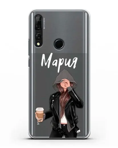 Именной чехол Девушка в худи с кофе силиконовый для Honor 9X
