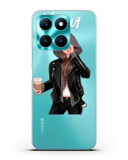 Именной чехол Девушка в худи с кофе силиконовый для Honor X6a