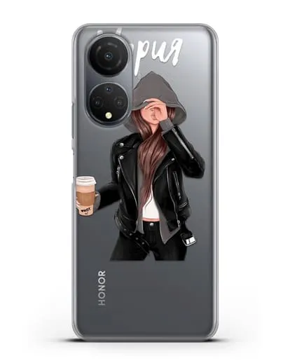 Именной чехол Девушка в худи с кофе силиконовый для Honor X7