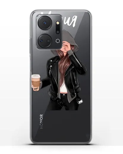 Именной чехол Девушка в худи с кофе силиконовый для Honor X7a