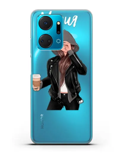Именной чехол Девушка в худи с кофе силиконовый для Honor X7a Plus