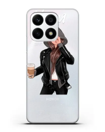 Именной чехол Девушка в худи с кофе силиконовый для Honor X8a