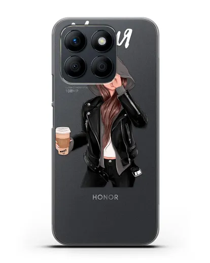 Именной чехол Девушка в худи с кофе силиконовый для Honor X8b