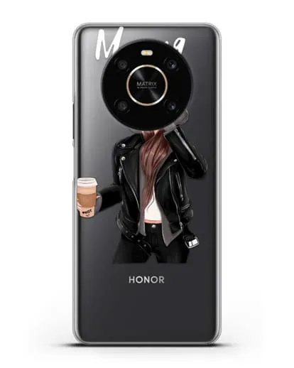 Именной чехол Девушка в худи с кофе силиконовый для Honor X9