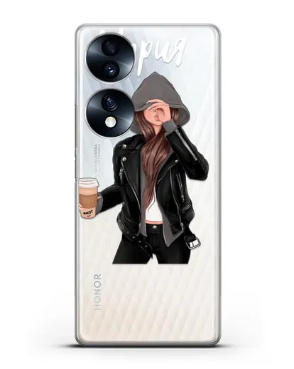 Именной чехол Девушка в худи с кофе силиконовый для Honor 70