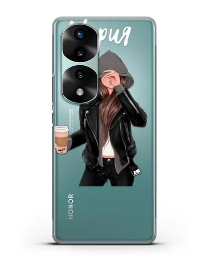 Именной чехол Девушка в худи с кофе силиконовый для Honor 70 Pro