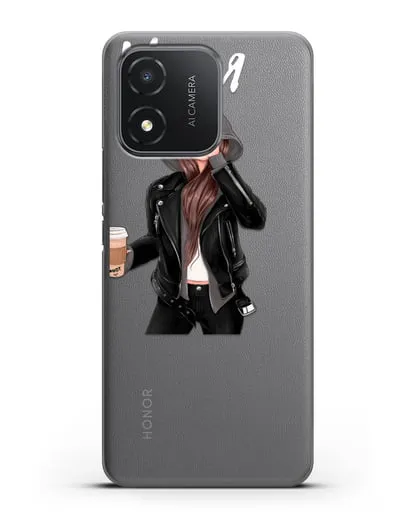 Именной чехол Девушка в худи с кофе силиконовый для Honor X5