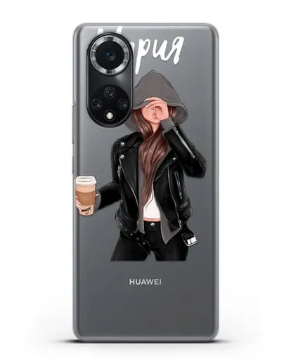 Именной чехол Девушка в худи с кофе силиконовый для Huawei Nova 9
