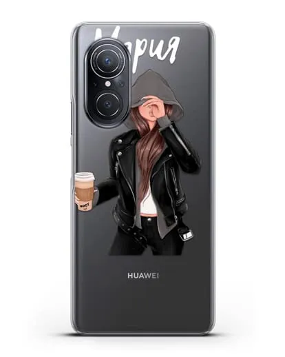 Именной чехол Девушка в худи с кофе силиконовый для Huawei Nova 9 SE