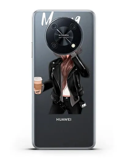 Именной чехол Девушка в худи с кофе силиконовый для Huawei Nova Y90