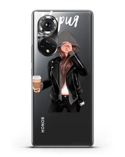 Именной чехол Девушка в худи с кофе силиконовый для Huawei P50