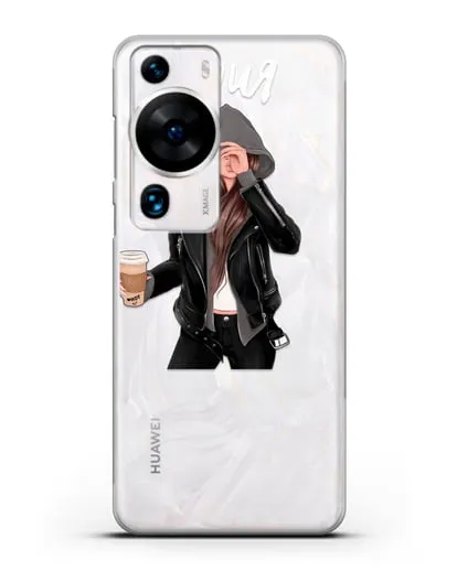 Именной чехол Девушка в худи с кофе силиконовый для Huawei P60 Pro
