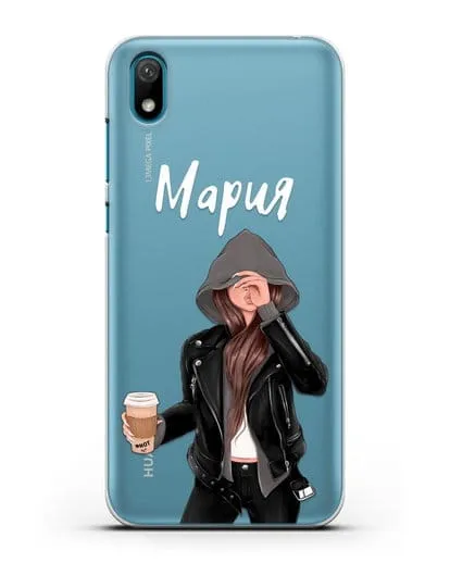 Именной чехол Девушка в худи с кофе силиконовый для Huawei Y5 2019