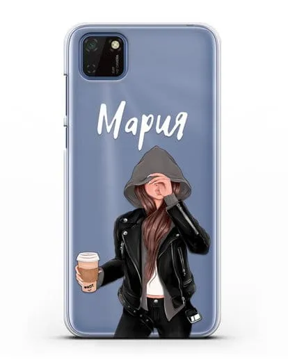 Именной чехол Девушка в худи с кофе силиконовый для Huawei Y5P